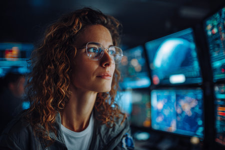 In a high-tech control room, a woman focuses intently on multiple screens displaying various data and maps. The atmosphere is charged with activity as she analyzes real-time information.の素材