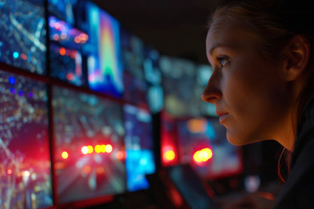A woman focuses intently while monitoring multiple screens in a busy control center. Bright lights from the screens illuminate her face as she analyzes data in the nighttime environment.の素材