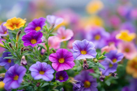 Bright purple, pink, and yellow flowers fill a garden with a burst of color. The sunlight highlights the petals, creating a lively spring scene full of beauty and life.の素材