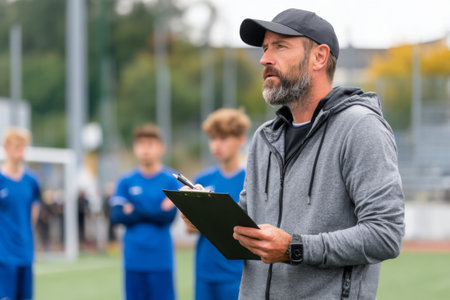 A youth soccer coach stands on a field, clipboard in hand, watching young athletes practice. The setting includes green grass, goalposts, and surrounded by autumn trees.の素材
