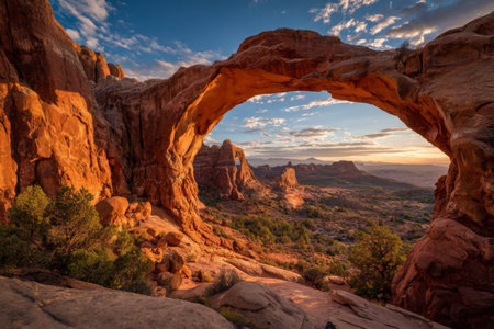 Warm orange light illuminates a stunning rock arch in the desert at sunset. The dramatic landscape features towering rock formations and scattered vegetation, creating a serene atmosphere.の素材