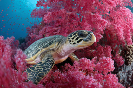 A green sea turtle glides gracefully among bright pink coral in a clear tropical ocean. Schools of small fish swim nearby, creating a lively underwater ecosystem.の素材