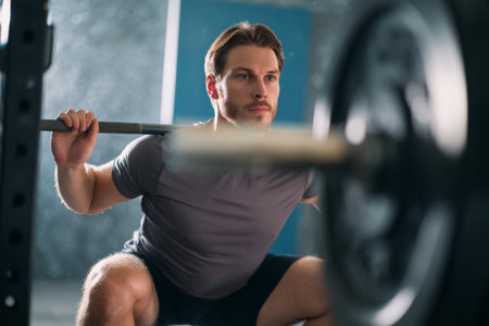 A man lifts a barbell while squatting in a gym setting, concentrating on his form and strength. The environment is designed for fitness and weight training, with equipment in the background.の素材