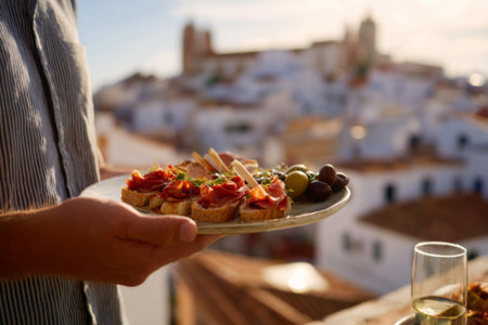 A person holds a plate of delicious tapas while standing on a terrace. The scenic background features a picturesque town bathed in the warm glow of sunset.の素材