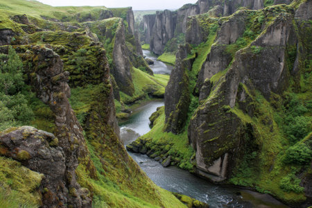 Green hills and high cliffs surround a winding river in a canyon in Iceland. The landscape features rich moss and rocky formations, creating a serene nature scene.の素材
