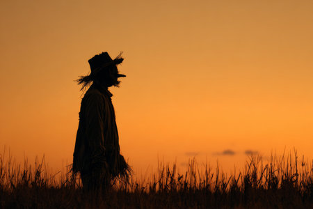 A scarecrow stands tall in a golden wheat field during sunset. The warm orange sky creates a serene backdrop, highlighting the silhouette of the figure as day turns to night.の素材