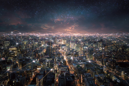 A vibrant city skyline is visible at night, with countless lights twinkling across the buildings. Network connections create a web of interaction among the cities bright lights.の素材
