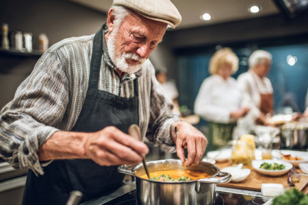An elderly chef stirs a pot of soup on the stove in a sleek kitchen. Other participants engage in cooking activities, creating a warm and collaborative atmosphere.の素材