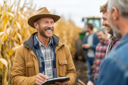 Group of farmers engages in discussion about the harvest strategies amid a cornfield. The atmosphere is friendly and collaborative, showcasing teamwork on the farm.の素材