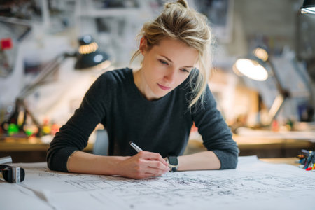 A young architect sits at a wooden desk covered in design plans and sketches. She focuses intently on her work, surrounded by sketching tools and bright desk lamps.の素材