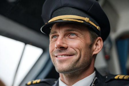 A friendly pilot with blue eyes wears a uniform and cap, sitting in the cockpit and smiling confidently.の素材