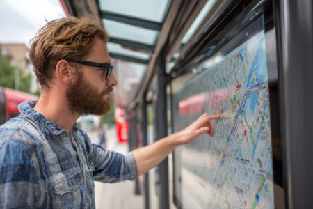 A young man with a beard examines a transit map at a bus station. He is focused on finding his next destination in a busy city environment under clear skies.の素材
