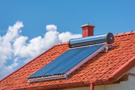 A solar water heating system rests on a red tiled roof under a bright blue sky with scattered clouds. This setup promotes clean energy use in a residential area.の素材