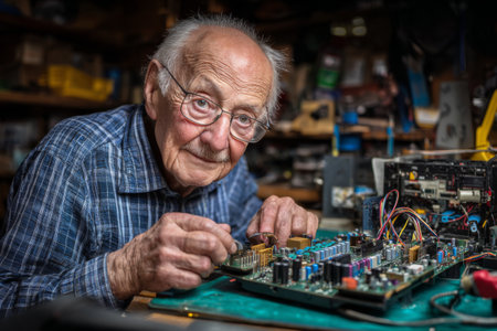 An elderly man focuses intently on repairing a circuit board in his cluttered workshop. He uses precise tools, surrounded by various electronic parts and devices, showing his expertise and passion.の素材