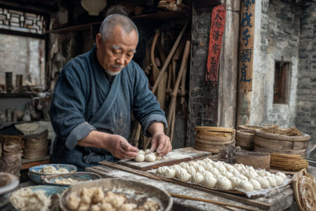 An elderly man skillfully shapes dumplings in a bustling market. Surrounded by various ingredients, he focuses on his craft as the morning sun illuminates the scene.の素材