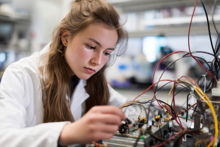 Focused young scientist examines and adjusts electrical components while surrounded by various wires and devices in a well-equipped lab setting.の素材