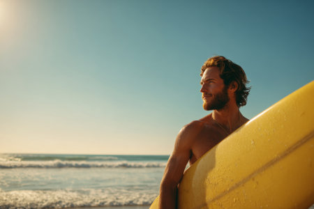 A man stands on the beach with a yellow surfboard, gazing thoughtfully at the ocean during sunset. The sun casts a warm glow across the scene, creating a peaceful atmosphere.の素材