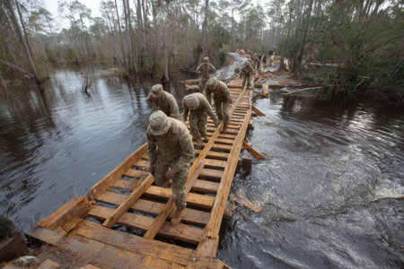 Groups of soldiers navigate a wooden bridge above water in a swampy forest setting, showcasing teamwork and training in challenging terrain conditions.の素材