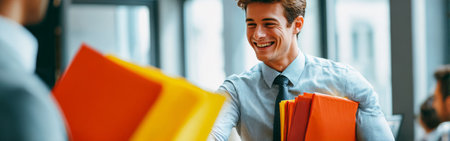 A young man is smiling and giving colorful folders to a colleague in a modern office environment filled with natural light. The atmosphere feels positive and collaborative.の素材