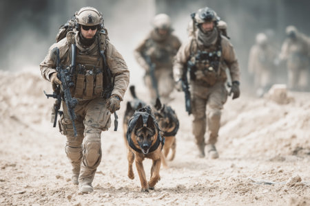Soldiers equipped with tactical gear and rifles are moving through sandy ground alongside highly trained dogs. The operation takes place in a rugged environment with a dusty backdrop.の素材