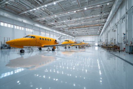 Three yellow jets are parked inside a spacious, well-lit aircraft hangar. Bright lights reflect off the shiny floor while workstations are visible in the background, indicating maintenance activity.の素材