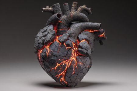 This striking heart sculpture showcases a volcanic texture with glowing cracks. The artwork symbolizes resilience and passion, making it a captivating piece for any space.の素材
