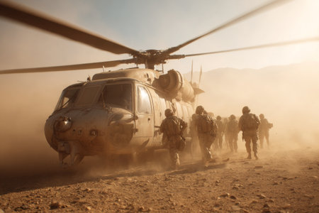 Troops in tactical gear move swiftly toward a helicopter as dust swirls around them in a dry and rugged terrain, illustrating a dynamic military operation in progress.の素材