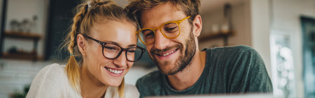 A couple is smiling and laughing together while sitting close in a comfortable living room. They are watching something on a laptop, sharing a joyful moment.の素材