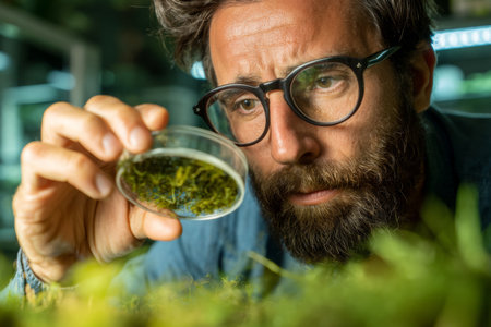 A focused scientist studies a petri dish containing green moss in a laboratory. Bright lights illuminate the workspace, highlighting the details of his examination.の素材