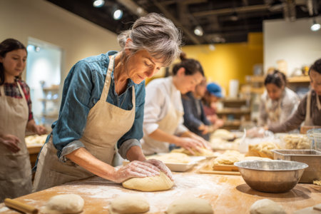 Several individuals work together in a spacious kitchen, focused on kneading dough for bread. Flour is scattered on the wooden tables as they learn baking techniques.の素材