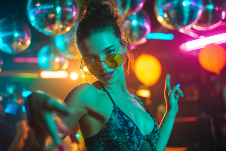 A woman dances joyfully in a lively club. Bright neon lights illuminate the space while disco balls reflect shimmering patterns above. The atmosphere feels energetic and festive.の素材