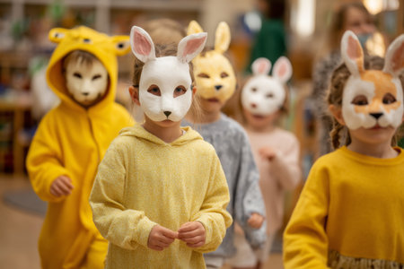 Several children dressed in colorful outfits wear cute animal masks as they parade through a cheerful preschool atmosphere, showcasing creativity and joy during morning activities.の素材