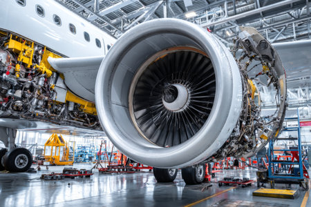 An aircraft engine is shown in detail at a maintenance facility. Technicians are busy performing checks and repairs on the engine components and systems, surrounded by tools.の素材