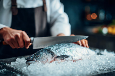A chef skillfully cuts a fresh fish resting on a bed of ice.の素材