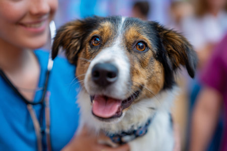 A cheerful dog sits close to a smiling staff member at a veterinary clinic. The setting is bright and welcoming, creating a calm atmosphere for the pet.の素材