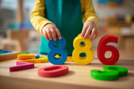 A young child arranges colorful plastic numbers on a wooden table. The setting is a cheerful classroom filled with learning materials. Bright sunlight illuminates the space.の素材