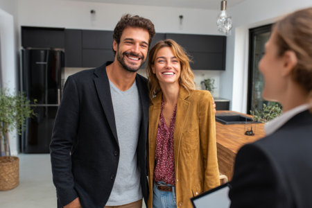 A smiling couple explores a stylish kitchen during a home tour with a real estate agent. They appear excited and engaged in the conversation about the property.の素材