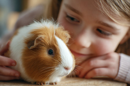A girl sits close to her fluffy guinea pig on a wooden surface, gazing at it with delight. The cozy room provides a calm atmosphere for their bonding moment.の素材