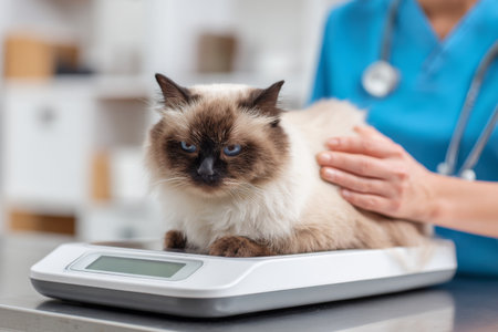 A veterinarian weighs a fluffy cat at a clinic. The cat appears calm while receiving attention from a caring staff member. The setting is bright and clean, indicating a professional environment.の素材