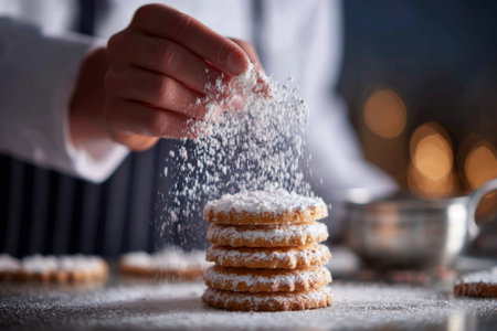 A cook sprinkles powdered sugar over a stack of round cookies in a warm kitchen setting. The atmosphere is festive with soft lighting that enhances the baking scene.の素材