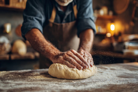 An experienced baker is focused on kneading fresh dough on a wooden table covered in flour. The warm, rustic kitchen is filled with soft lighting.の素材
