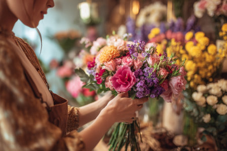 A florist carefully selects and arranges a variety of colorful flowers in a bright flower shop. The space is filled with greenery and blooming plants, creating a lively atmosphere.の素材