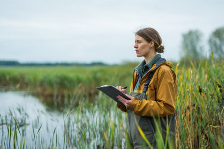 A woman stands near a wetland, dressed in a brown jacket and waterproof gear, taking notes on a clipboard while observing the natural surroundings.の素材