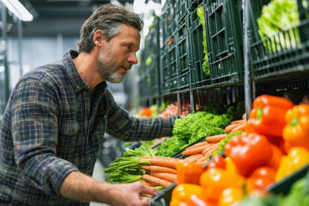 A man carefully arranges colorful vegetables in a grocery store. He is focused on sorting through fresh produce, ensuring everything looks appealing to customers.の素材