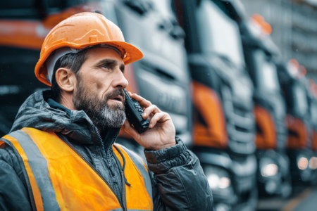 A construction manager in reflective gear is on a phone call, attentively coordinating operations. Heavy trucks are lined up in the background, highlighting a busy work environment.の素材