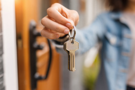 A person is holding a shiny house key in front of a door on a sunny day. The setting suggests a new home or apartment, reflecting excitement and anticipation.の素材