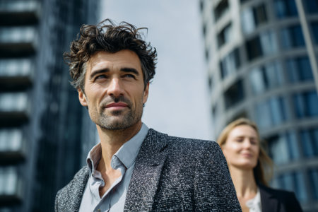 Two confident business professionals are walking together in a modern city. The man is dressed in a stylish suit and appears focused while the woman, slightly behind, smiles casually.の素材