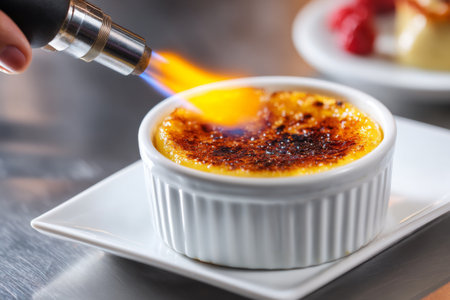 A chef carefully uses a kitchen torch to caramelize the sugar on top of a creme brulee in a bright restaurant kitchen. The dessert has a smooth custard base and a crispy caramel layer.の素材