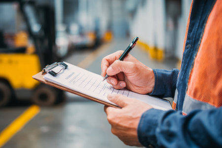 A warehouse worker inspects items on a clipboard while standing in a busy loading area filled with forklifts. The task involves careful recording and organization during the day.の素材