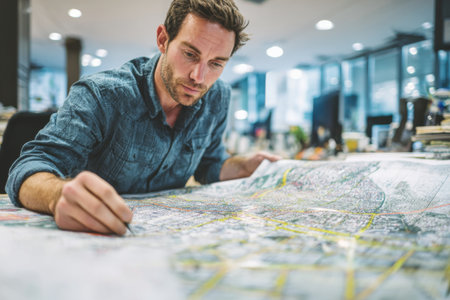 Focused on his task, a man examines a large map with great attention in a well-lit office. Papers and tools are scattered around him as he seeks the best path for his journey.の素材
